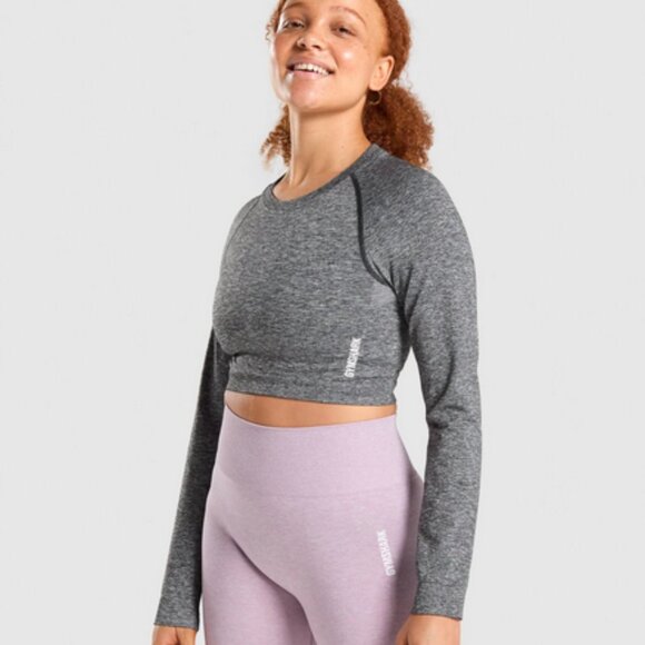 Gymshark Adapt Marl Seamless Long Sleeve Crop Top, Black, Size Medium - Picture 2 of 6